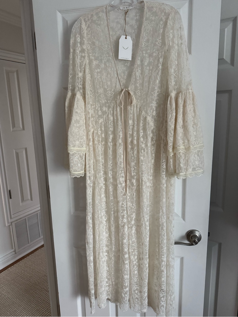 FREE THE ROSES Lace Maxi Kimono Tiered Bell Sleeves, carried by Anthropologie